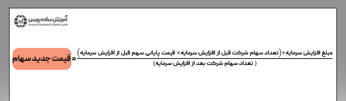 فرمول صرف سهام برای محاسبه قیمت جدید سهام پس از افزایش سرمایه نشان