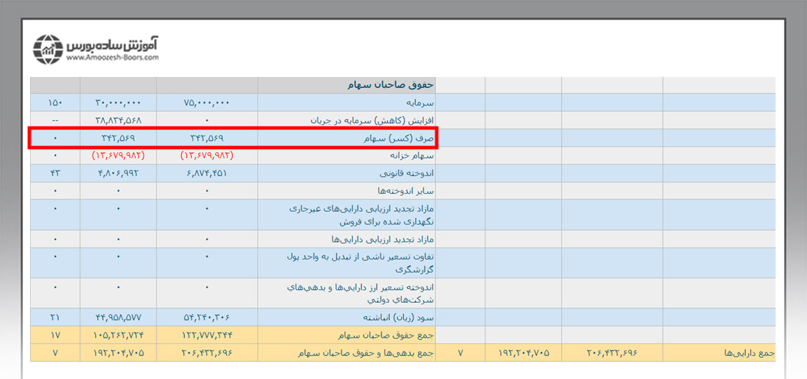 محل قرارگیری مبلغ صرف سهام در ترازنامه