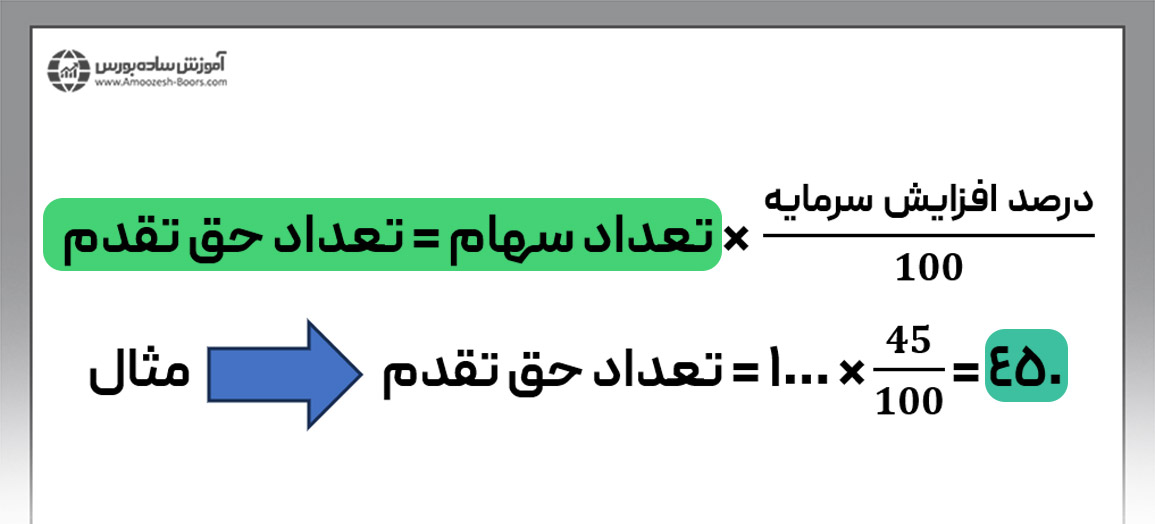 فرمول تعداد حق تقدم سهام مساوی است با حاصلضرب تعداد سهام در درصد افزایش سرمایه.